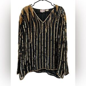 Silk sequin gold and black long sleeve blouse